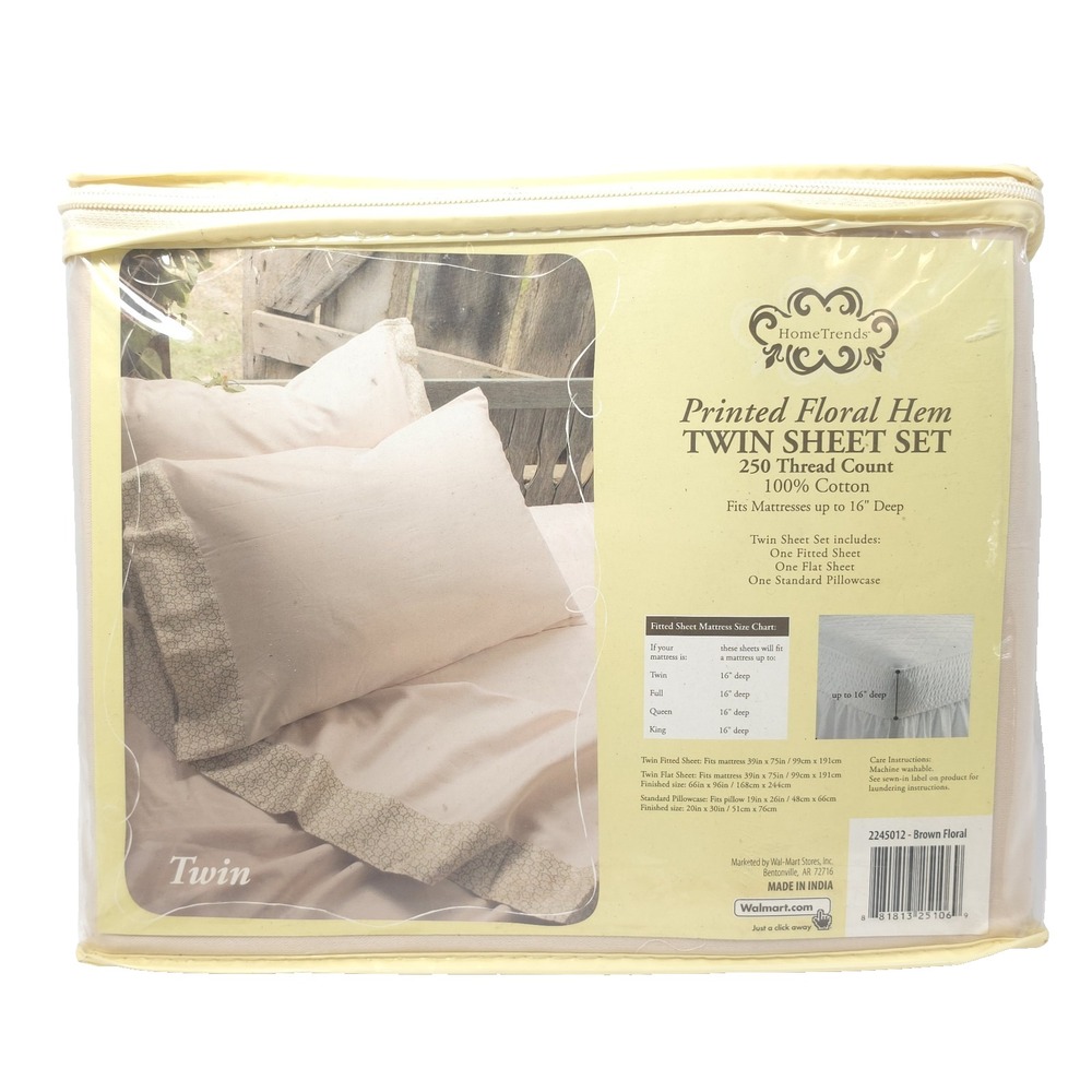 VTG Home Trends Twin Sheet Set Brown Floral Hem 250 TC Cotton Cottagecore New